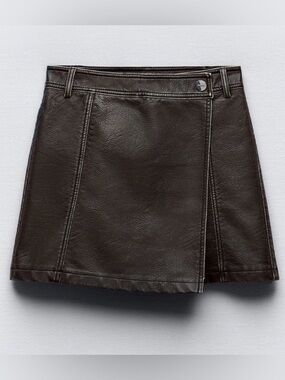 Zara Brown Washed Effect Faux Leather Mini Skort